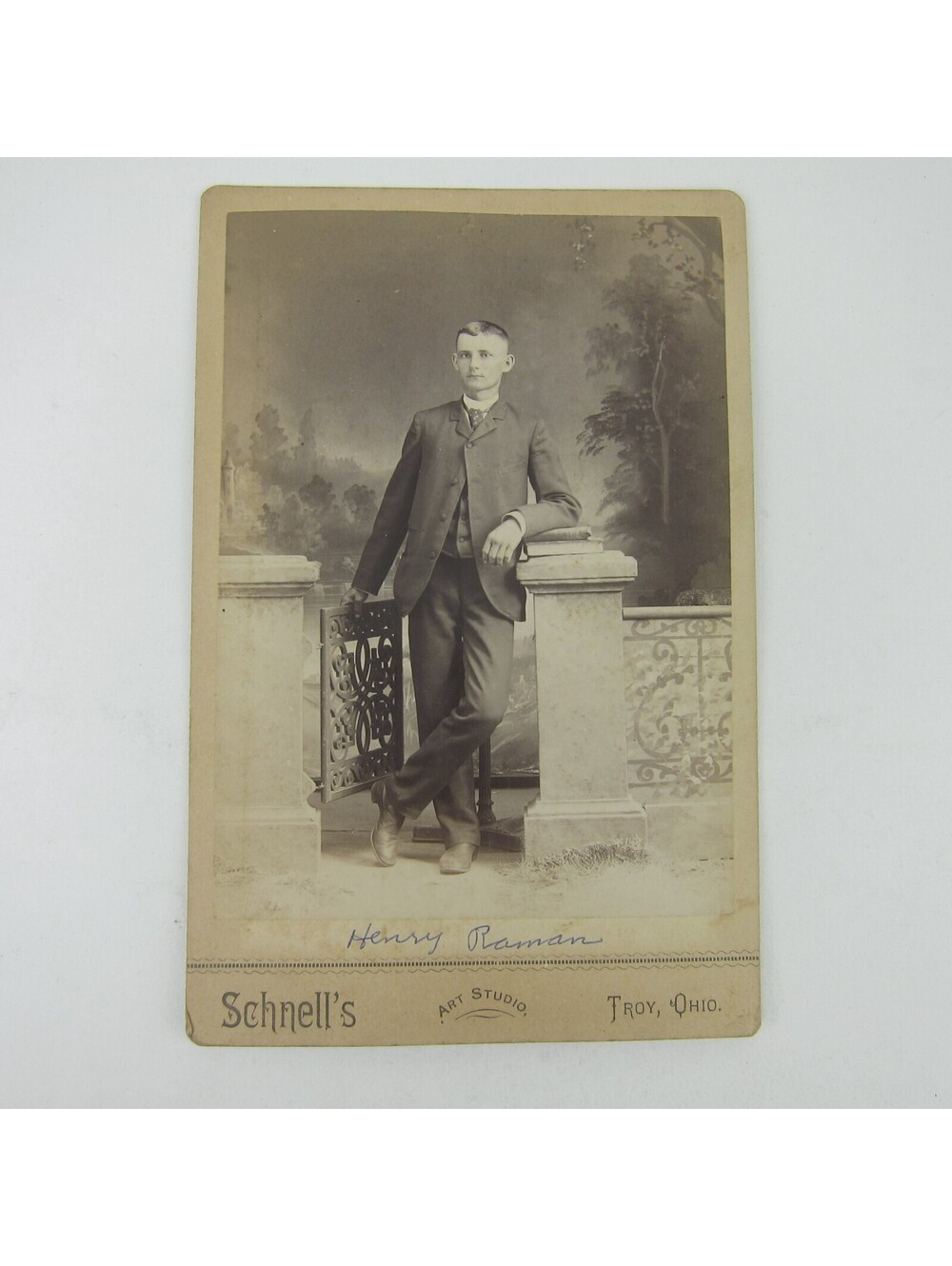 Cabinet Card Photograph Young Man Stand at Gate Henry Raman Troy Ohio Antique